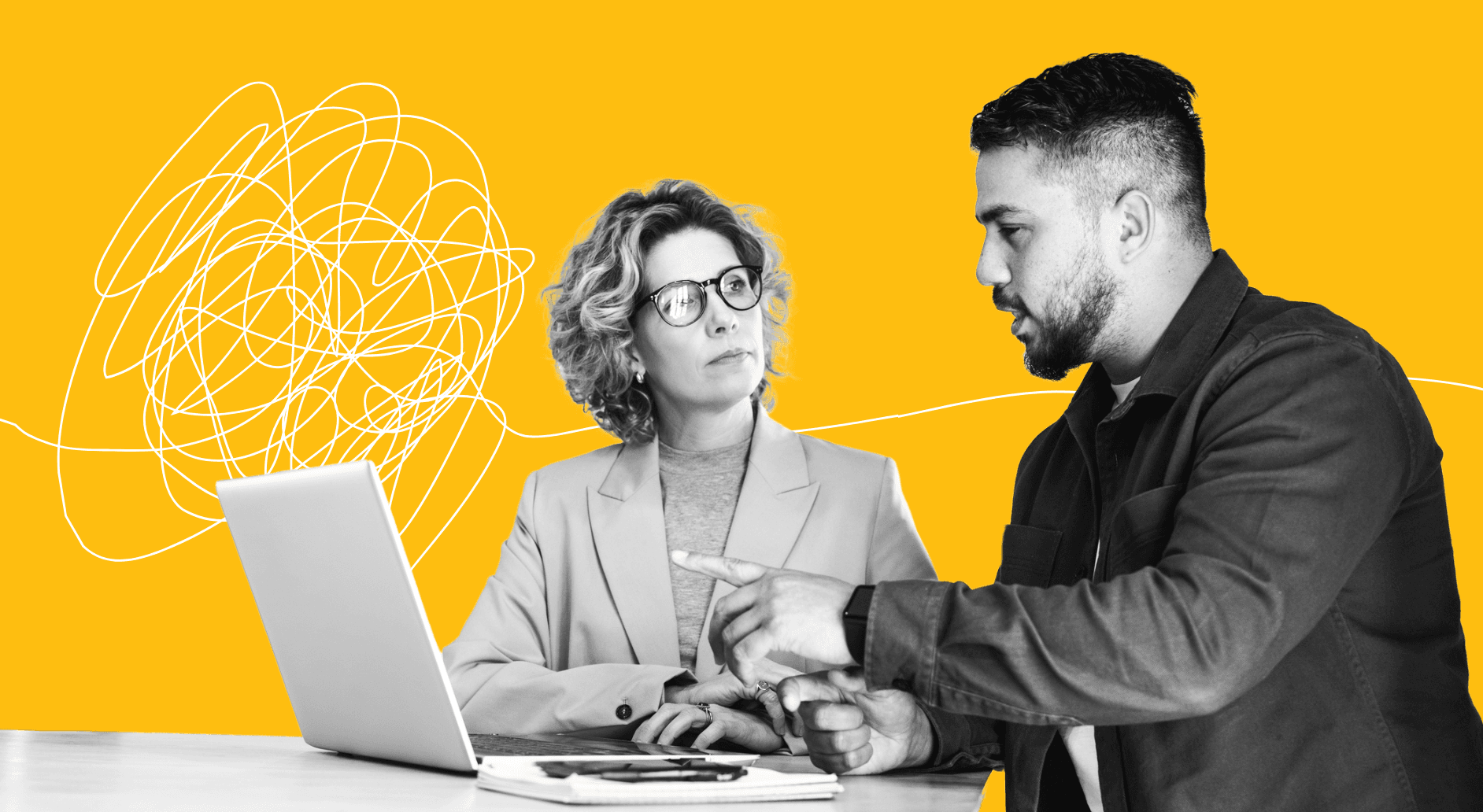 Illustration of a woman and a man talking in front of a laptop, against a Candid gold background.