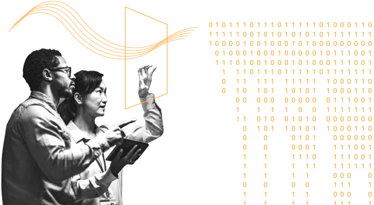 Two people looking at binary data.