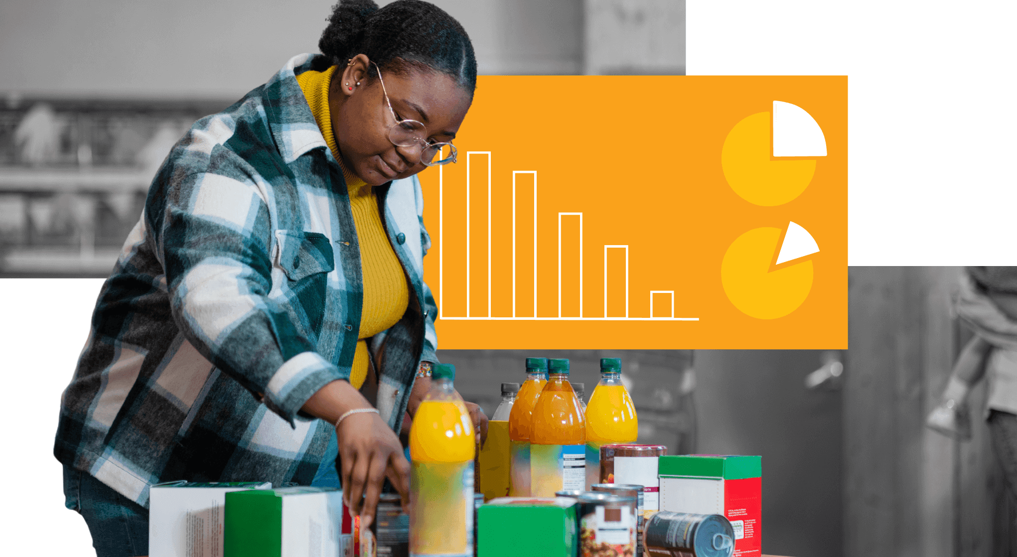 A nonprofit volunteer sorting groceries at a food bank.