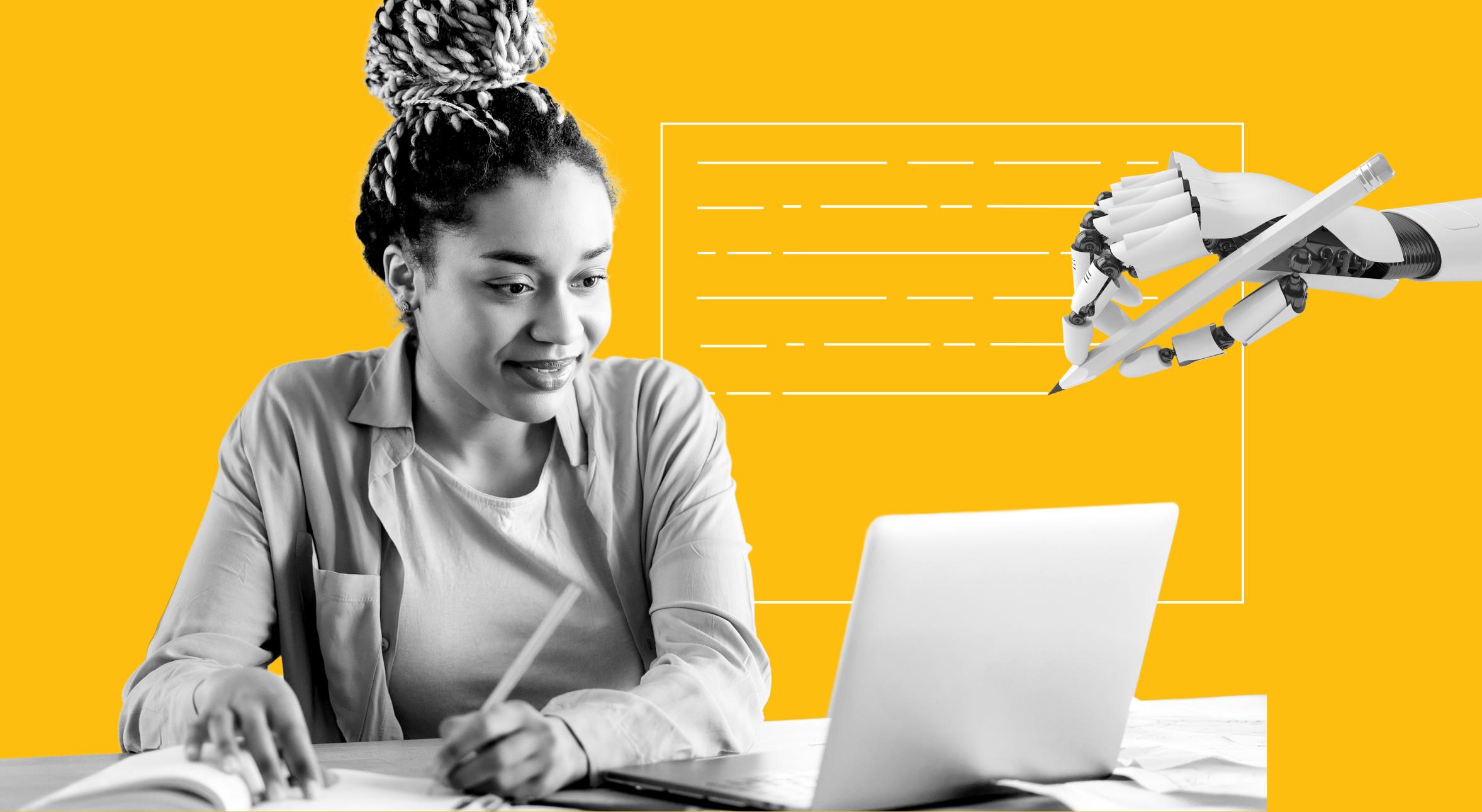 Against a Candid gold background, a woman working at a laptop, with an illustration of a robot hand writing.