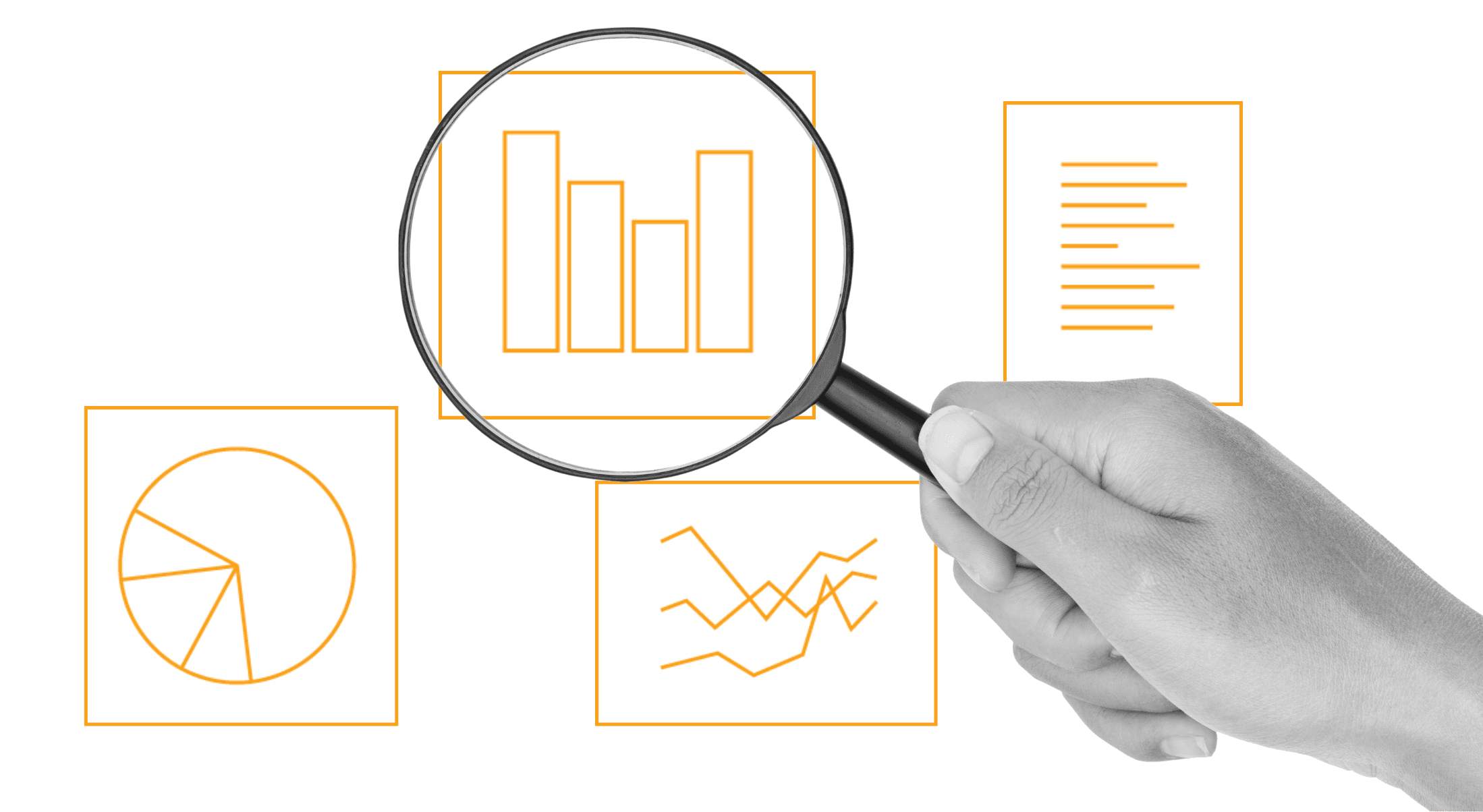 A magnifying glass zooming in on different types of data.