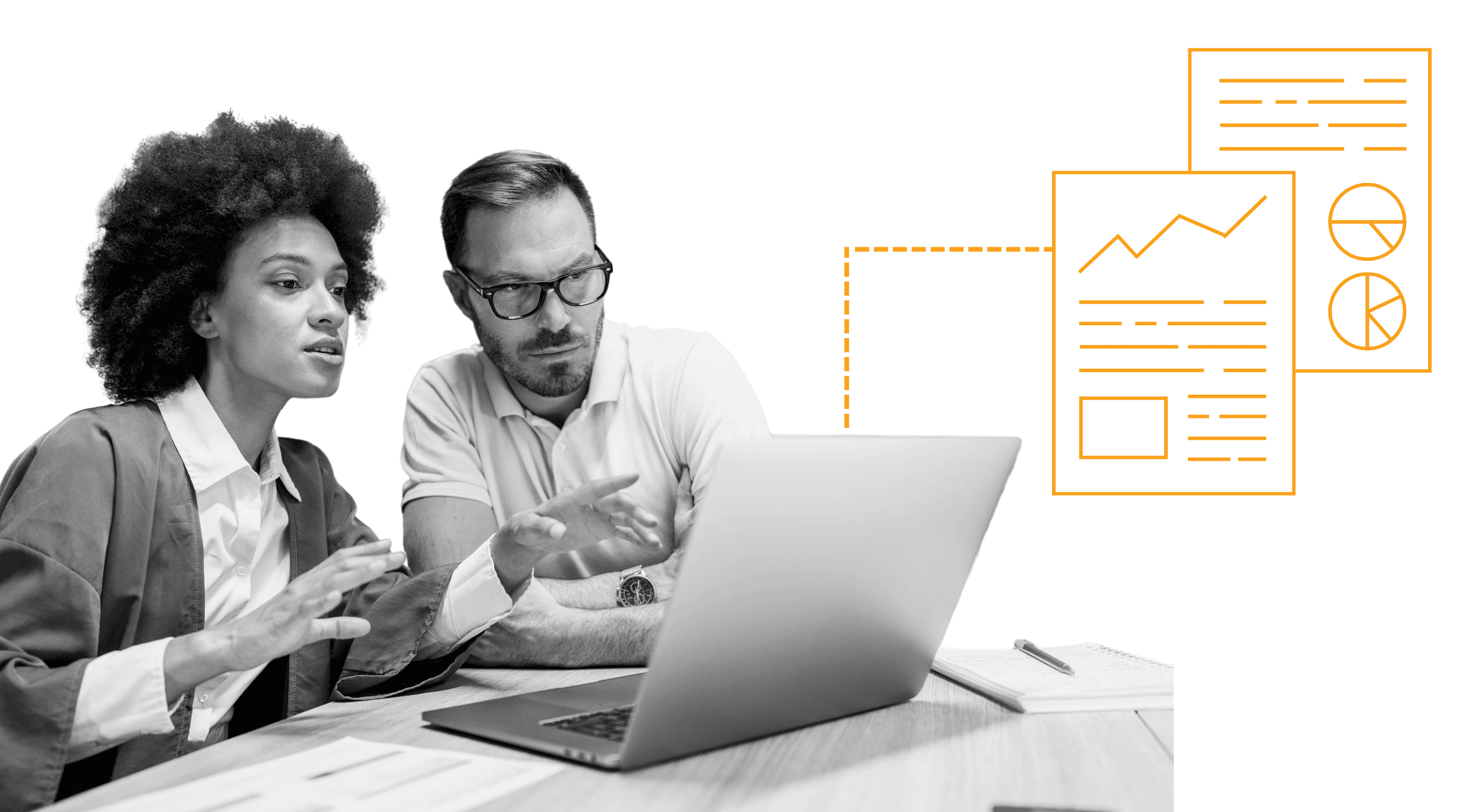 Two colleagues looking at demographic data on a laptop.