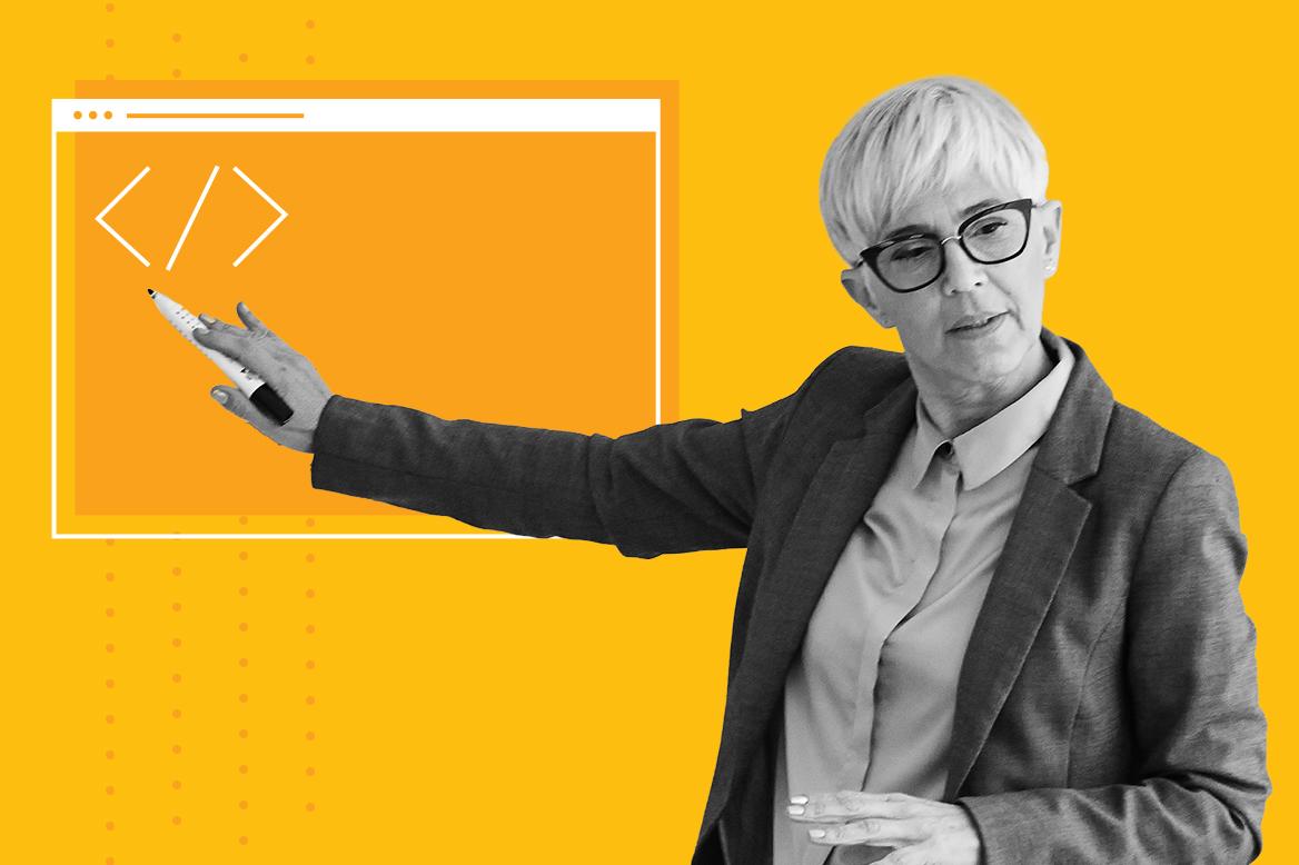 A speaker presenting on custom data services for businesses.